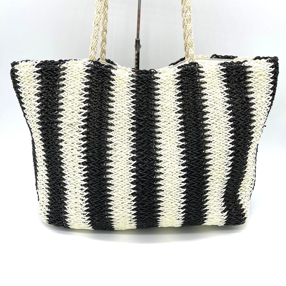 Bueno Tote Bag Large‎ Woven Straw Black Cream Beachy Boho Travel Summer Festival - Picture 5 of 13